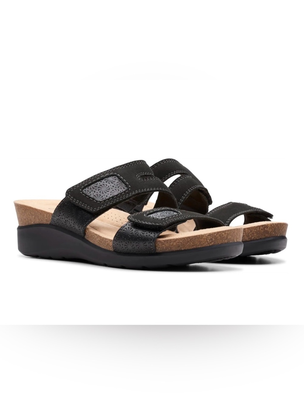 Clarks Calenne Maye Black Leather Flat Sandals